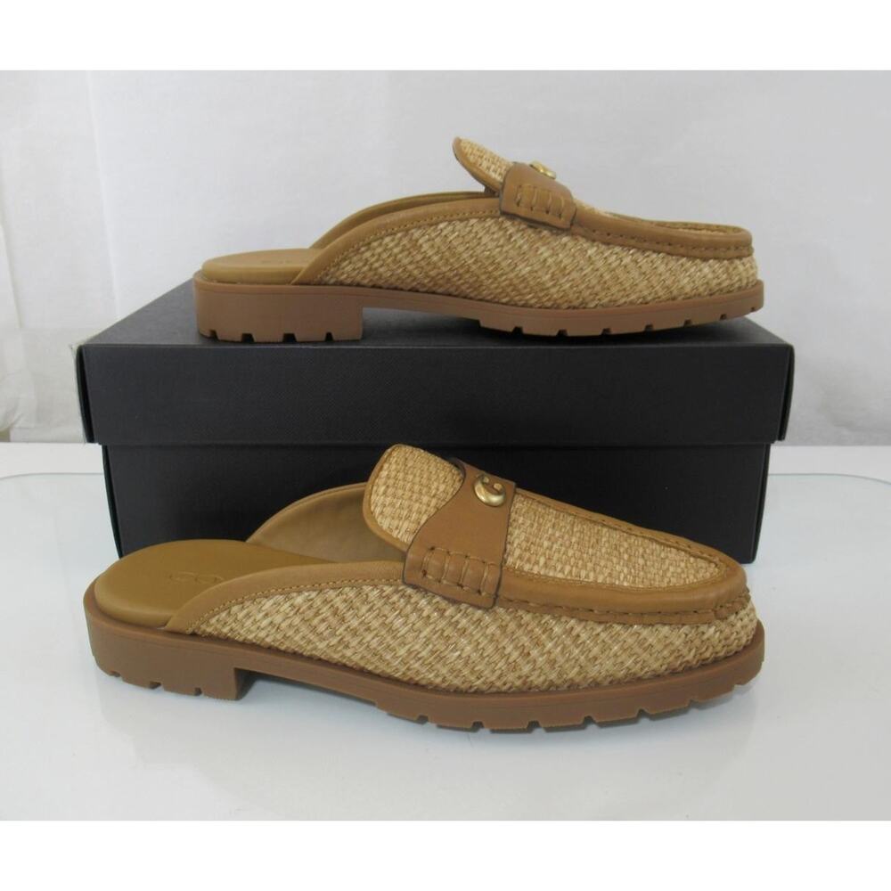 Women's Coach Jocelyn Straw Backless Loafer Sandal Mule Flats Natural - Picture 3 of 7